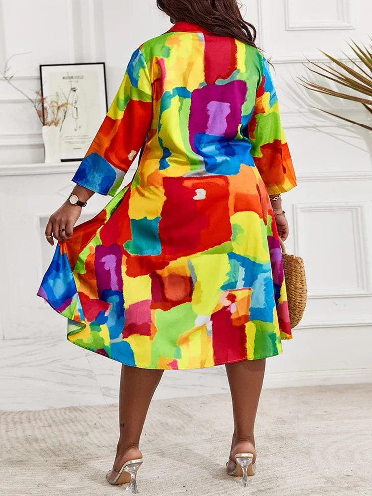 Dress for Women 2023 NEW Casual Plus Size Abstract Print Flowy Shirt Dress Vestidos De Mujer Elegant Boho Mini Robe Female