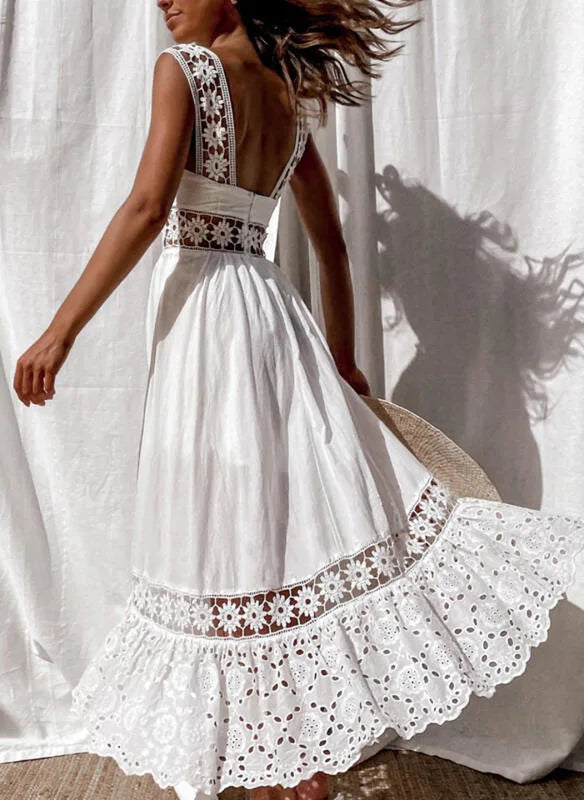 Women's Dress White Hollow Out Cotton Sundress Lace Sleeveless Long Splicing Summer Party Elegant Evening Woman Skirt Clothing