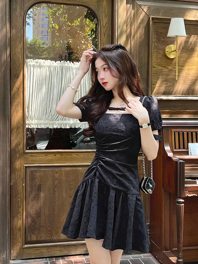 Vintage Square Collar Puff Sleeve Sexy Maxi Birthday Dress for Women Clothing Y2k Bodycon Evening Mini Dresses Summer 2023 Black