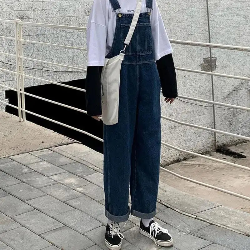 Denim Jumpsuits Women Pockets Loose All-match High Waist Trousers Vintage Streetwear Clothing S-5XL Daily Korean Style Autumn