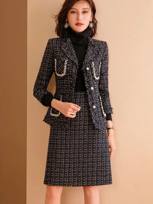 Femmes Tweed Vintage costume Blazer Jackert manteau jupe deux pièces ensemble correspondant tenue hiver haute qualité bal fête vêtements femme