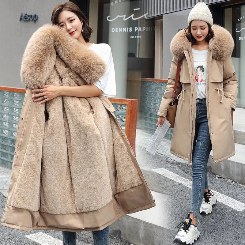 2023 New Winter Thick Warm Down Padded Coat Women's Plus Velet Cotton Coat Winter Hooded Loose Parkas Coat Fur Lining Mujer Coat