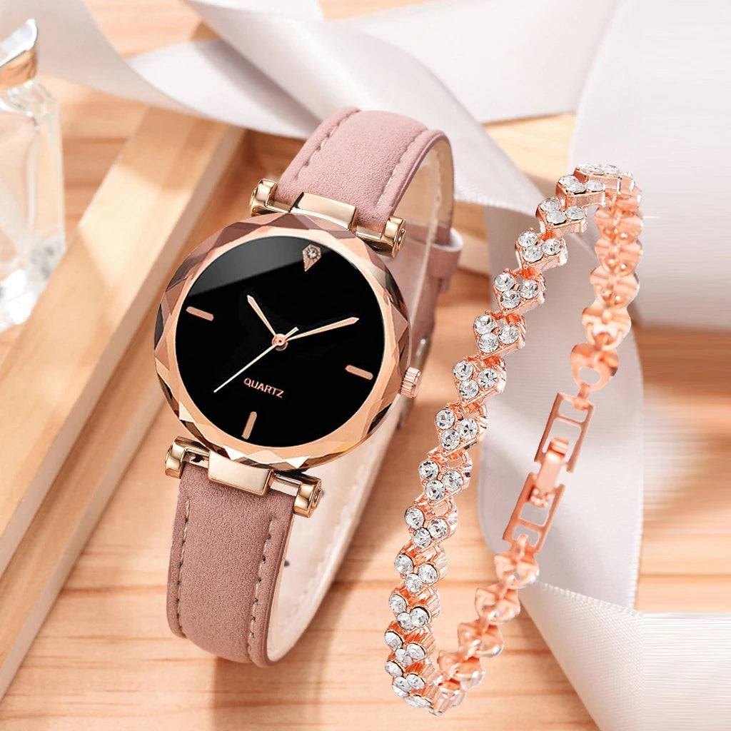 Conjunto de reloj de lujo para mujer, 2 uds., correa de cuero PU, reloj de pulsera de cuarzo para mujer, pulsera de aleación de oro rosa con diamantes de imitación para regalo de mujer