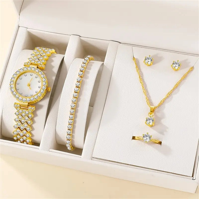 Conjunto de 6 uds. De reloj de lujo para mujer, anillo, collar, pendiente, reloj de pulsera de moda con diamantes de imitación, relojes informales para mujer, conjunto de pulsera