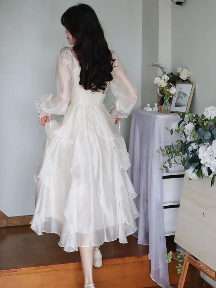 Robe féerique Vintage en mousseline de soie rose, Style coréen, tenue de soirée élégante, mi-longue, rétro, manches évasées, été, 2023