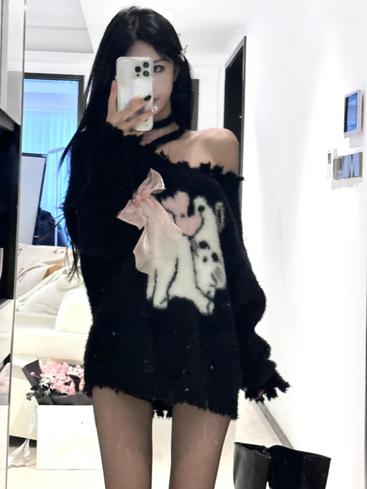 Y2K Knitted Clothes Women Casual Long Sleeve Sweet High Street Loose Pullover Outwear Oversized Black Sweater 2023 Autumn Chic