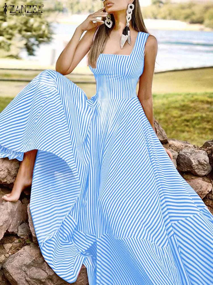 2023 Summer France Elegant Maxi Dress Women Chic Striped Print Robe Longue Beach Party Sleeveless Dresses Holiday Tank Sundress