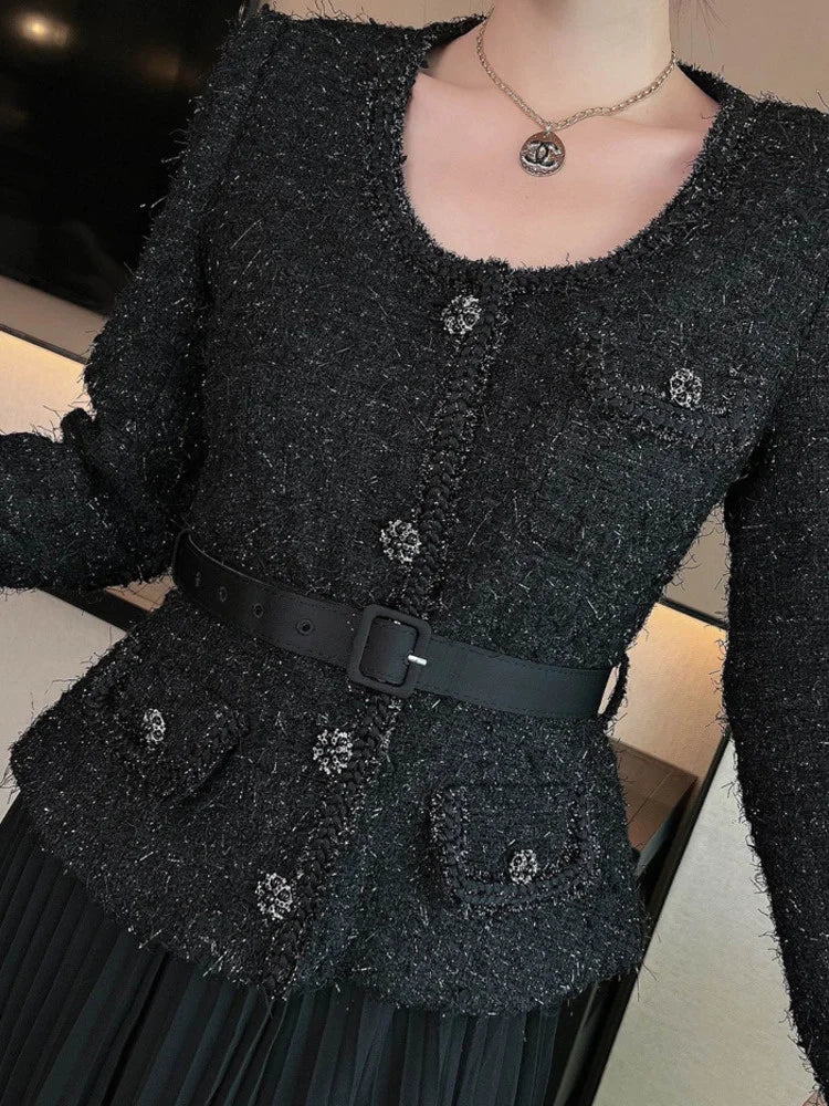 UCXQ – robe noire Vintage avec boutons et perles, col rond, avec ceinture, robes de soirée pour femmes, vêtements de fête de mariage, été 2023