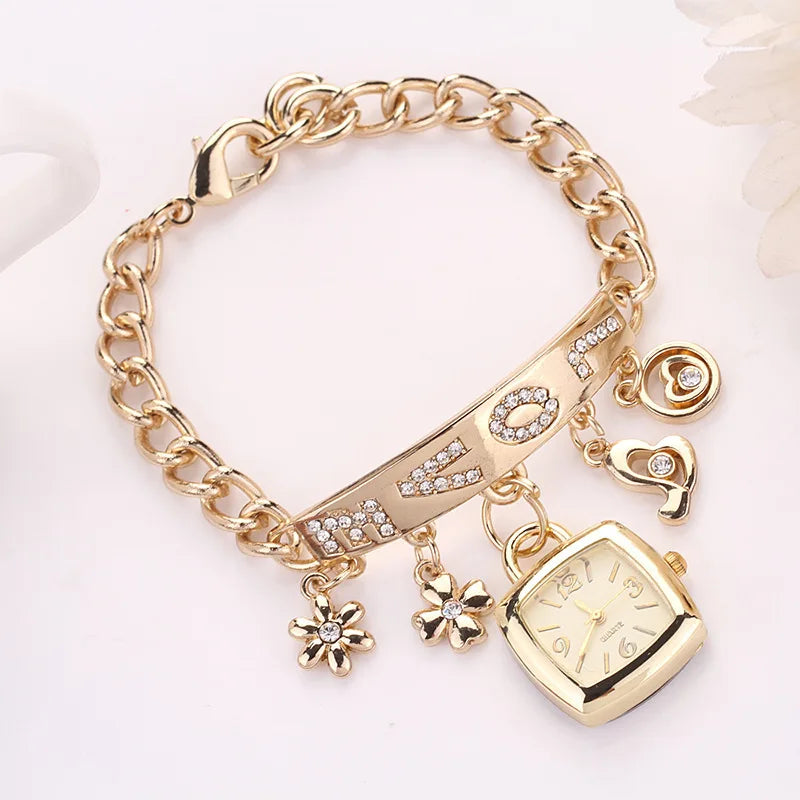 Femmes montres avec lettres strass incrusté chaîne Bracelet fleur pendentif montre-Bracelet dames robe montres cadeau Zegarek Damski