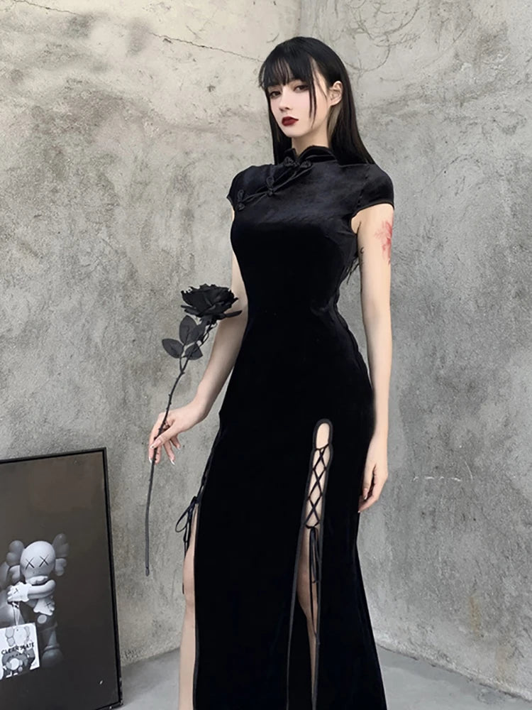 Goth Dark Romantic Gothic Velvet Aesthetic Dresses Vintage Women Black Bandage SlitHem Bodycon Dress Sexy Evening Wear Cheongsam