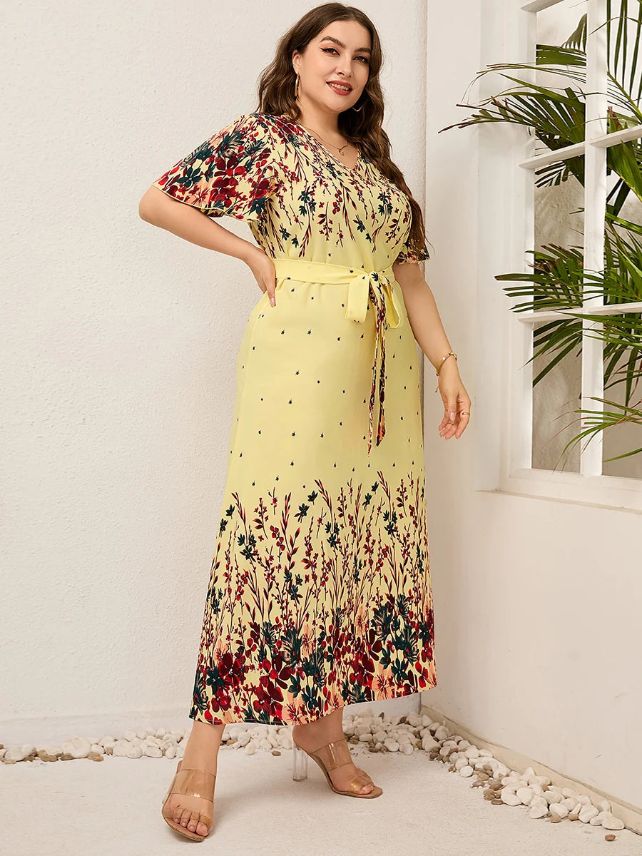 2023 Vestido largo de verano para mujer, cuello en V, manga corta, estampado Floral, Vestido de playa bohemio, mujer con curvas, ropa de talla grande para mujer