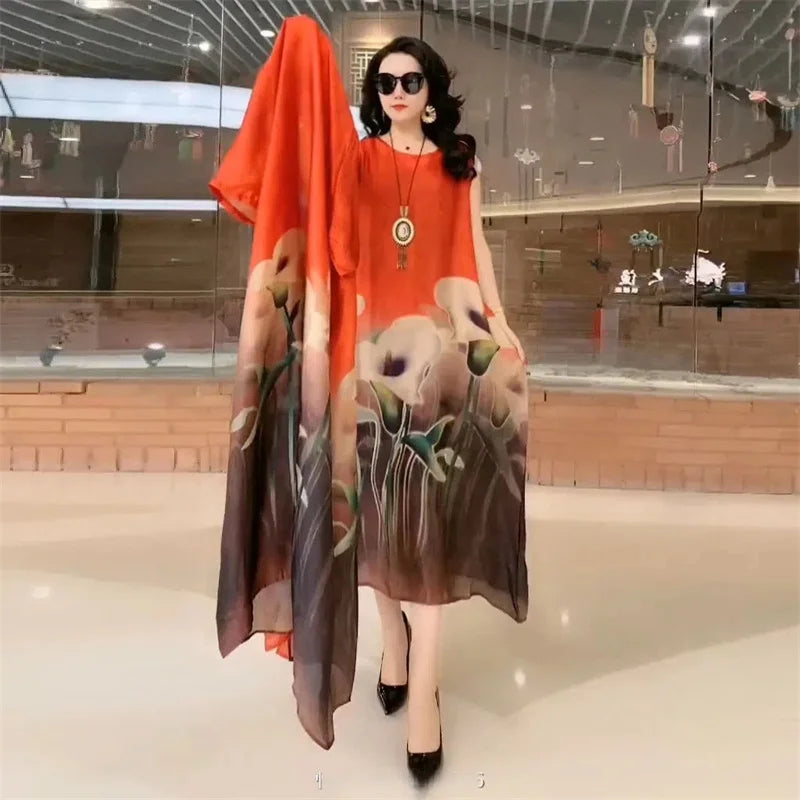 2022 Mother Dress Suit Summer Casual Fashion Printing Two Piece Suits Long Dress Suits Women Temperament Dress Sets Female Suits