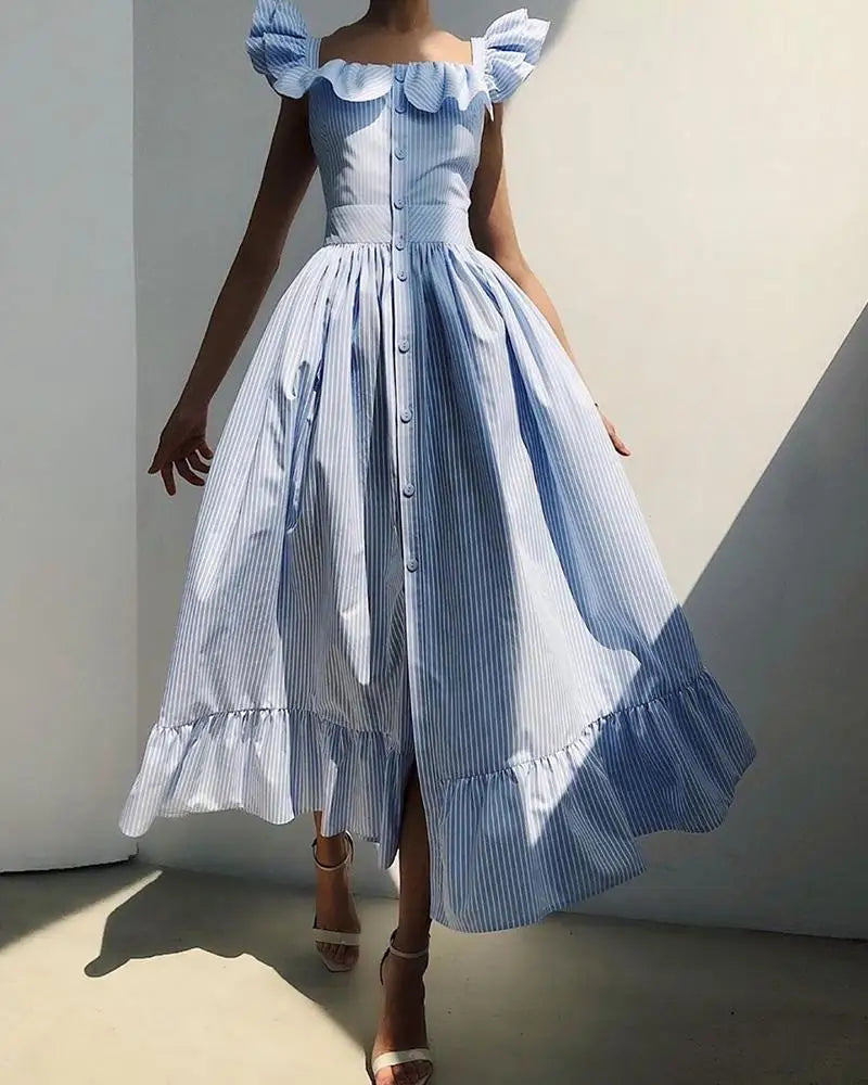 Women's Stripe Ruffle Long Dress with Tassel Casual Party Dress Summer 2023