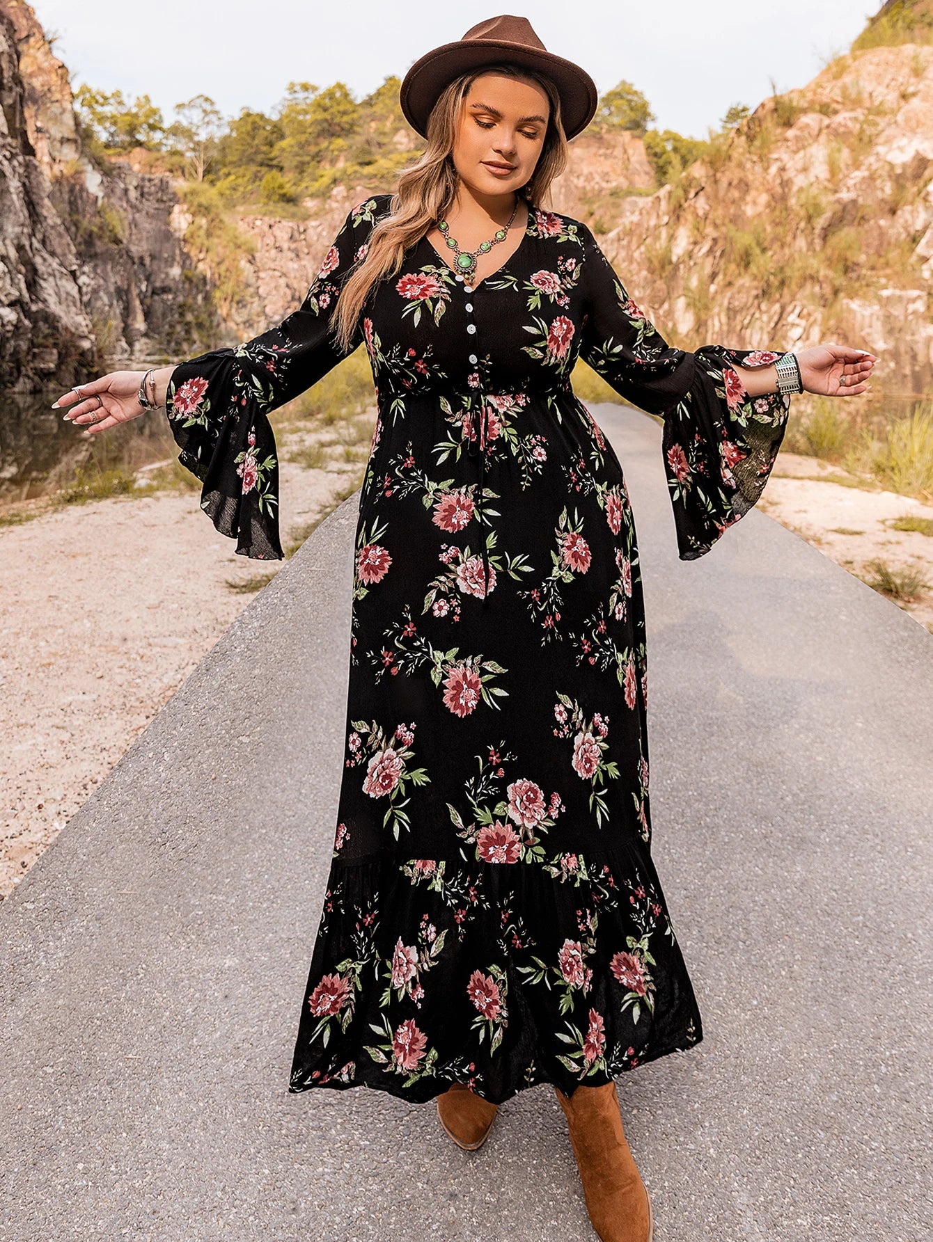 2023 Women's New Printed Fall/Winter Style Long Sleeve Plus Size Dress