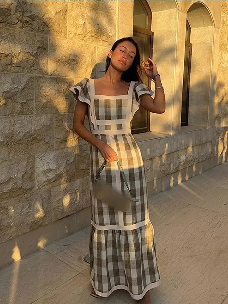 Elegant Print Striped Long Dress Women Square Collar Flying Sleeve Fashion Female Dresses 2024 Spring Summer Street Lady Robe