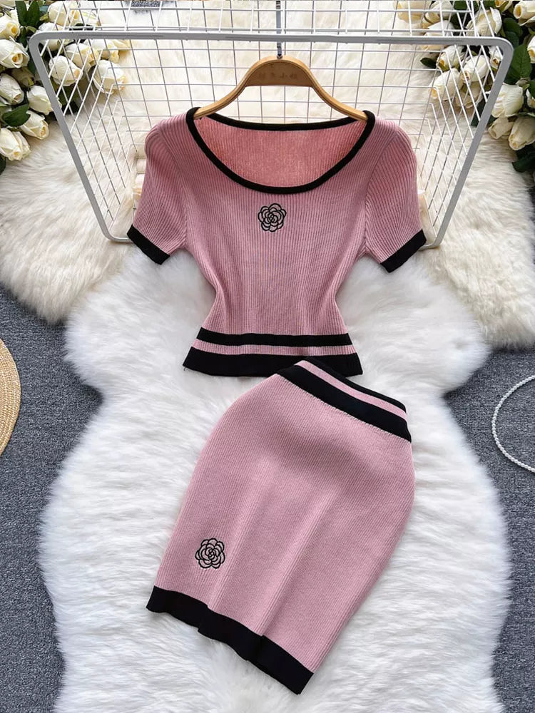 YuooMuoo Women Dress Set Korean Fashion Knitted Crop Tops + High Waist Skinny Mini Skirts Fashion Two Piece Suits Matching Set