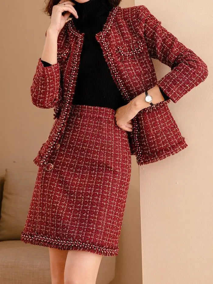 Women Tweed Elegant Red Suit Beaded Jackert Coat Skirt Two Piece Set Matching Outfit Winter Office Work High Quality Clothing