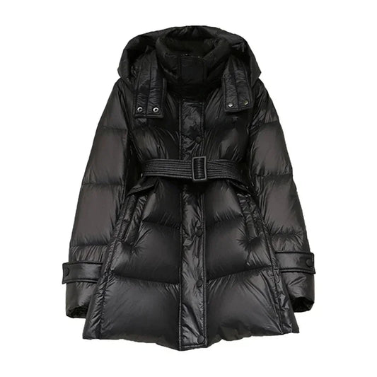 Chaqueta de plumas para mujer, ropa elegante de invierno, moda de cintura media larga, abrigos femeninos de gama alta, color negro, 2024