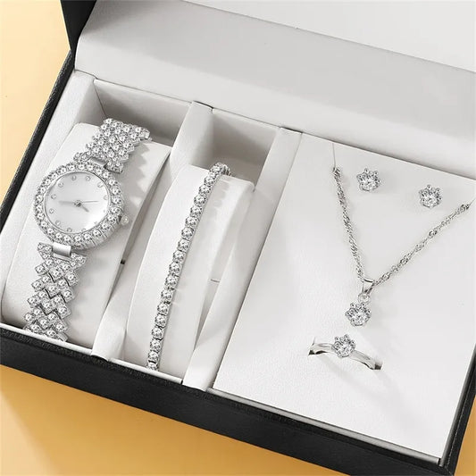 Conjunto de 6 uds. De reloj de lujo para mujer, anillo, collar, pendiente, reloj de pulsera de moda con diamantes de imitación, relojes informales para mujer, conjunto de pulsera