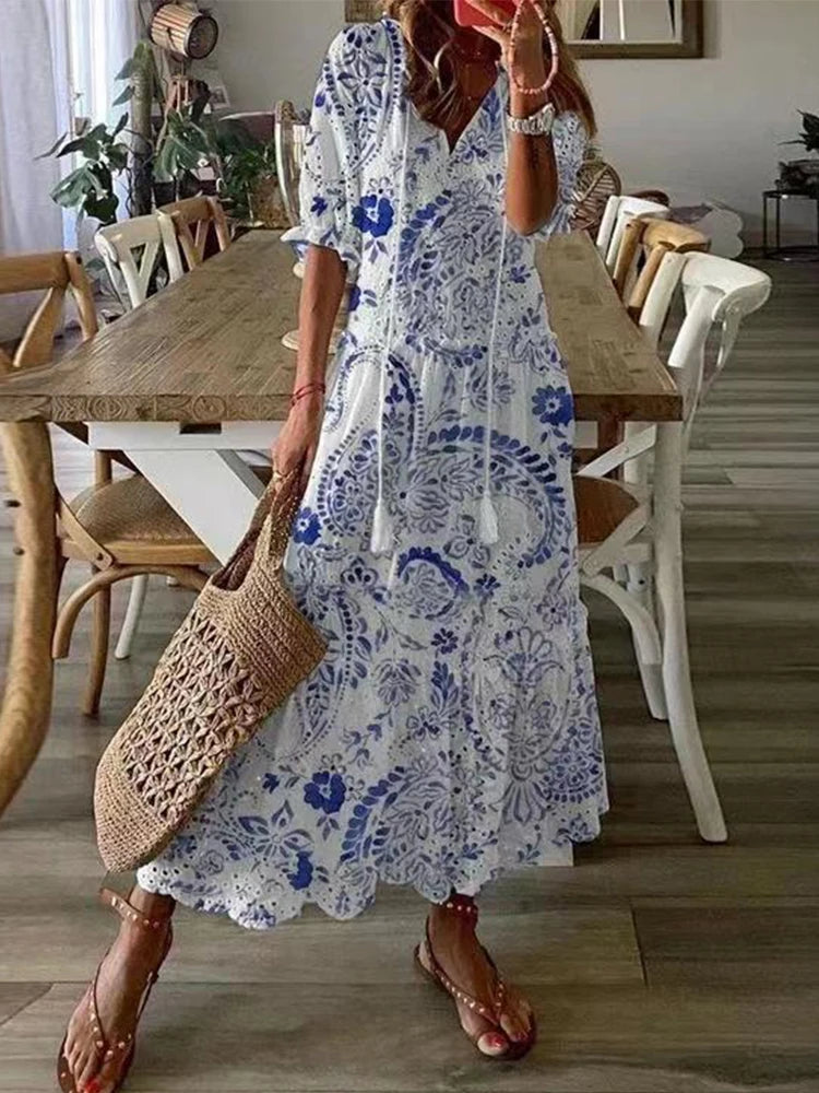 Foridol Casual Hollow Out V Neck White Lace Maxi Dress Vintage A-line Loose Embrioderied Floral Print Bohemian Long Sundress