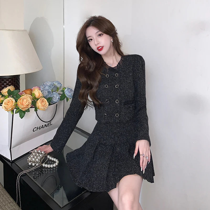 Women Tweed Korean Y2K Suit Double breasted Jacke Coat Crop Top Skirt Two Piece Set Outfit Winter Autumn Chic Elegant Clothing