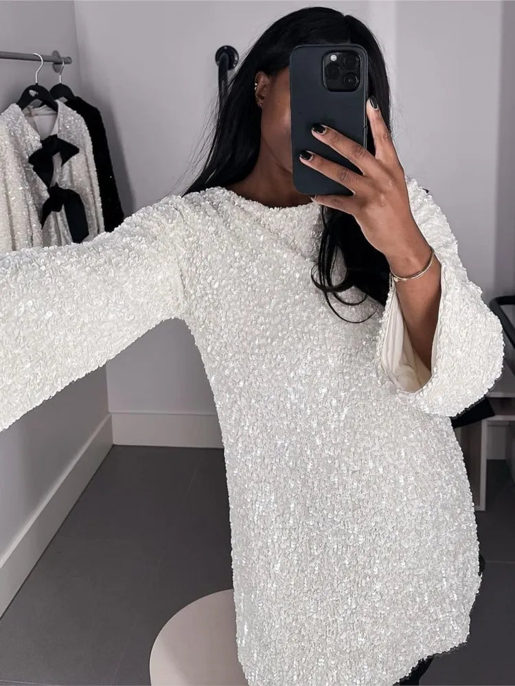 White Sparking Sequin Lace Up Bow Dress Women Backless Chic O-Neck Long Sleeve Vestidos 2023 Party Club Evening Christmas Robe