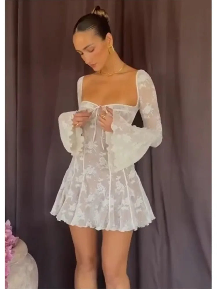 Elegant Solid Lace Mini Dress For Women Vintage Flared Sleeve High Waist A Line Dresses Fashion Evening Prom Party Short Robes