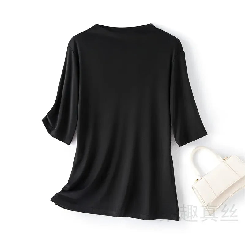 90% Mulberry Silk Top Women’s T-shirt 2024 Women Short Sleeve Tops Female Summer T-shirts For Women Clothing Camisetas LM987