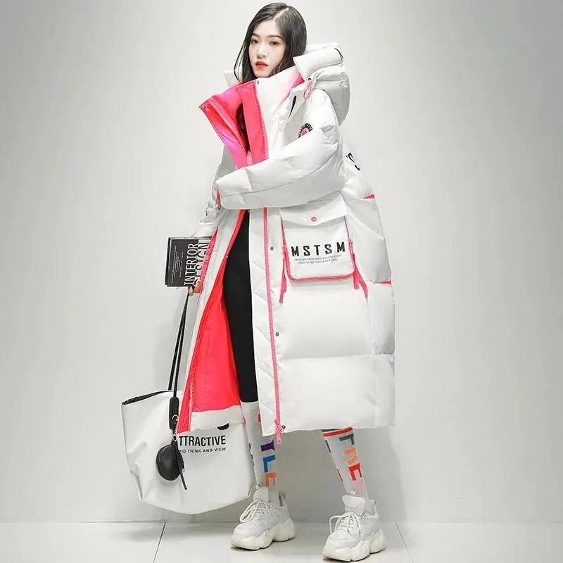 2023 hiver Femmes Brillant Imperméable Épais Vêtements Coupe Large Chaud Parka Neige Doudoune À Capuche X-long 90% Blanc Canard Vers Le Bas Manteau