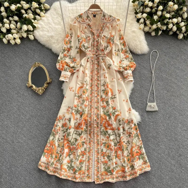 2022 New Dress Autumn Vintage Chiffon Single Breasted Lady Full Dress A Line V Neck Puff Sleeve Mid-Calf Women Dresses Vestido