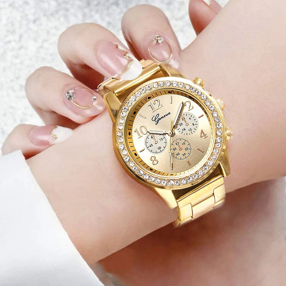 6 pièces ensemble montre de luxe femmes bague collier boucles d'oreilles strass mode montre-bracelet femme décontracté dames montres Bracelet ensemble horloge