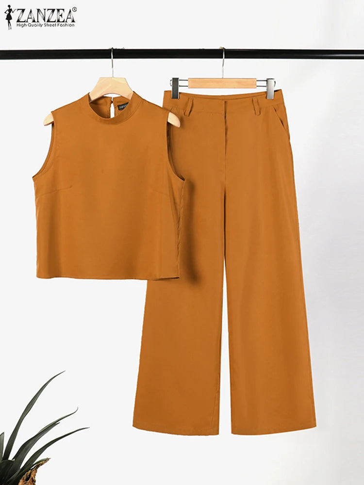 ZANZEA conjuntos elegantes a juego para mujer, chándales de verano, conjuntos de pantalones informales, blusa sin mangas y pantalones, traje, trajes de moda de gran tamaño