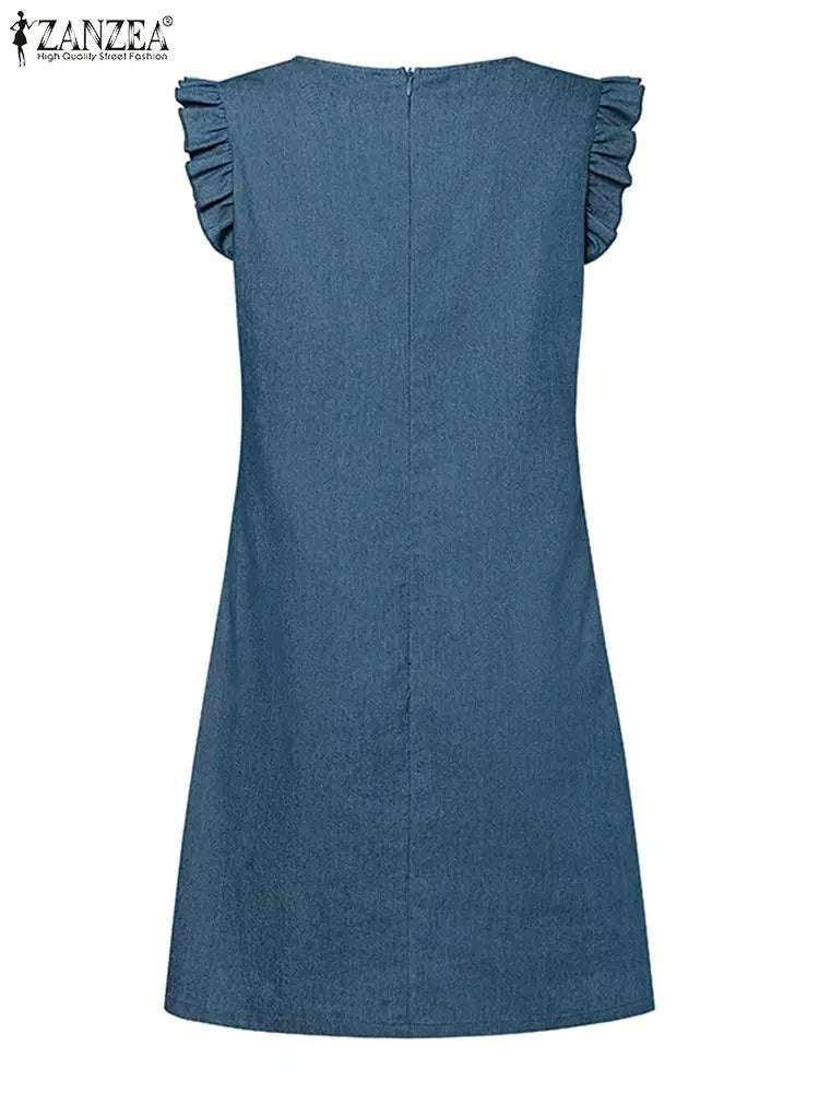 ZANZEA Women Summer Denim Style Dress Fashion O Neck Sleeveless Mini Sundress Casual Ruffles Hem Party Work Vestido Robe Femme