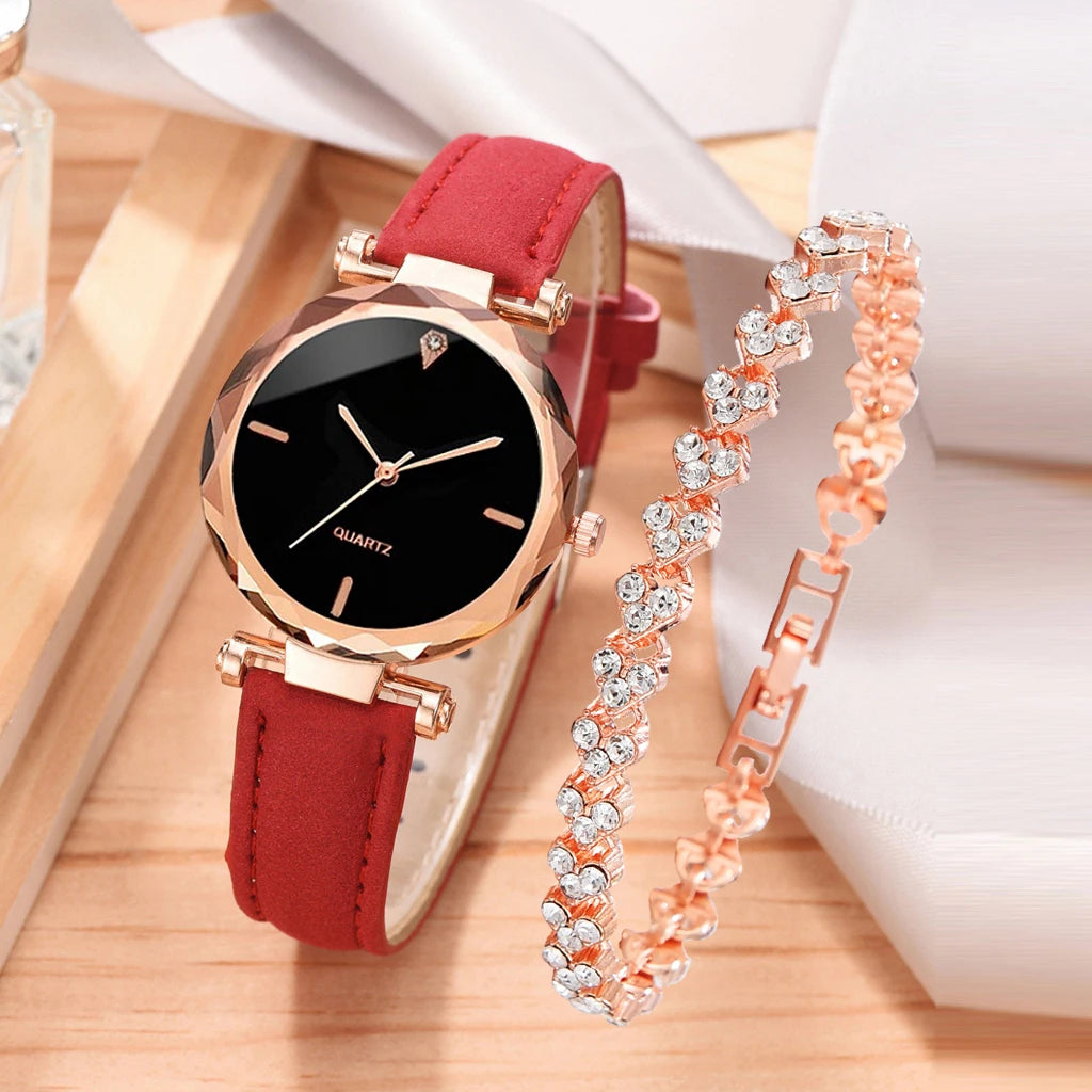 2 pièces de luxe mode femmes montre ensemble Bracelet en cuir PU dames Quartz montre-Bracelet strass or rose alliage Bracelet pour dames cadeau