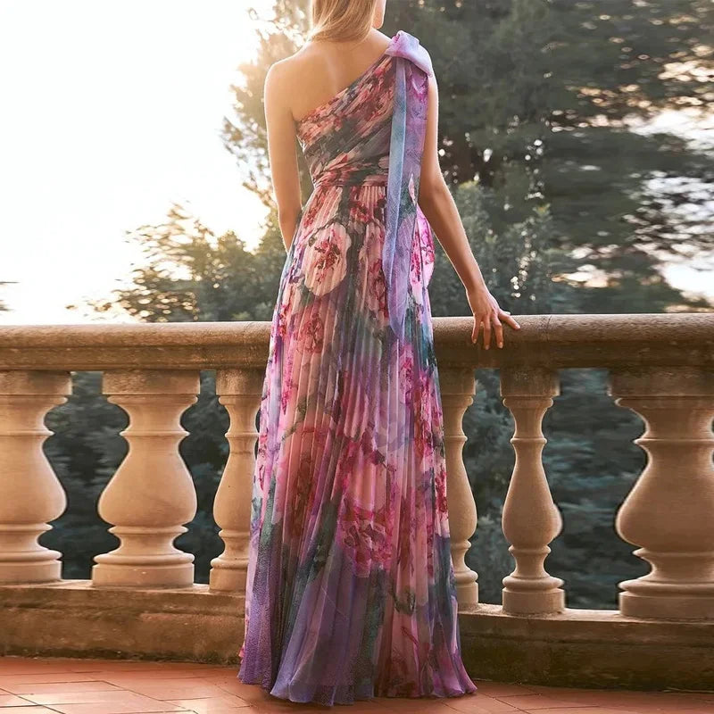 Vestido largo de un hombro con lazo para mujer, vestido largo plisado con estampado de flores a la moda, vestidos de fiesta con huecos sin espalda para verano 2023