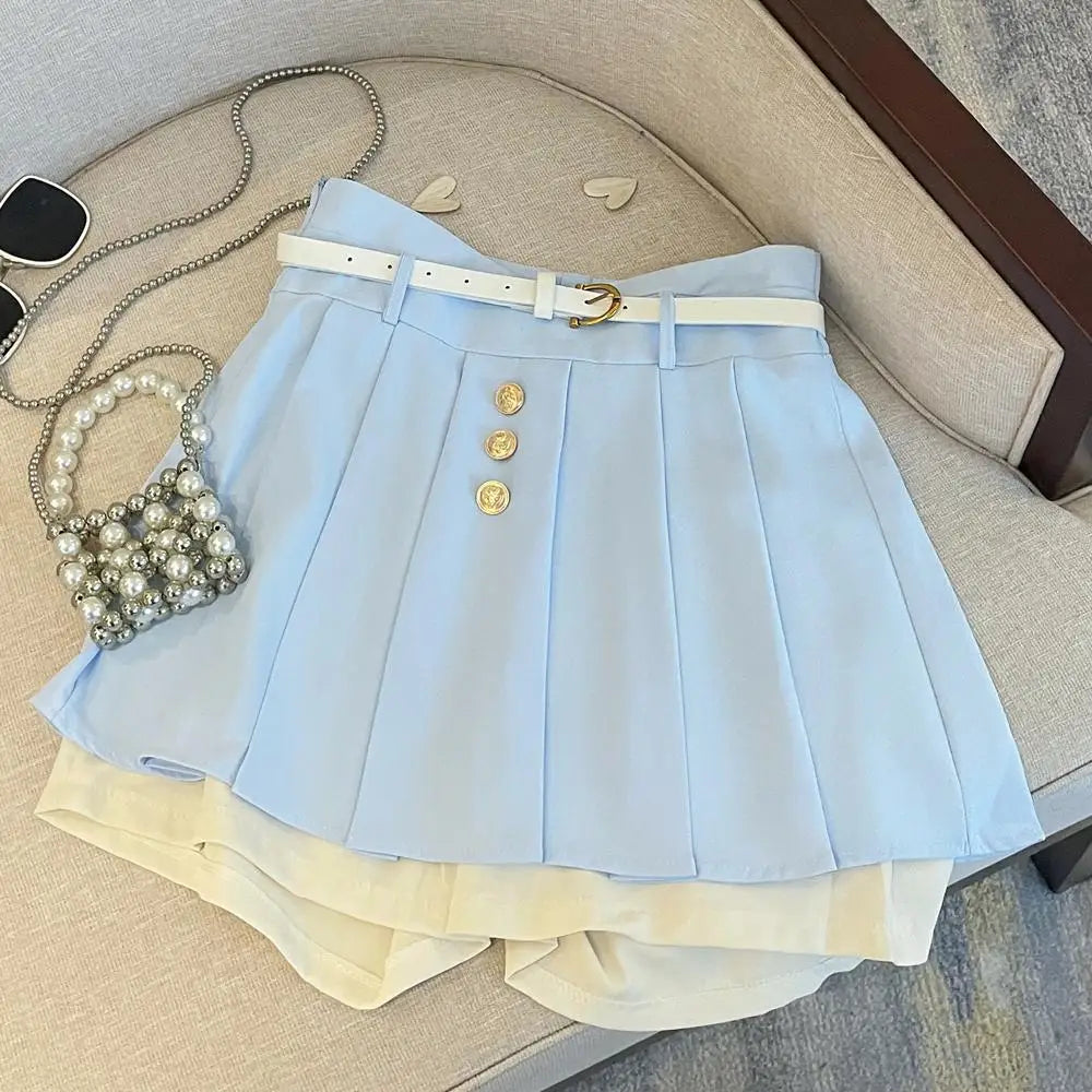 2023 New Women's Fashion blue Suit Split Shirt and Shorts skirt Summer Casual Ladies Office Workt Two-piece Suit Set clothing