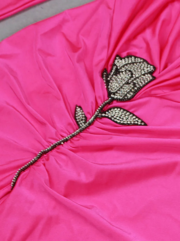 Robe de soirée mi-longue drapée rose, manches longues, Sexy, col en V, diamants, célébrité, luxe, élégante, pour femmes, 2023