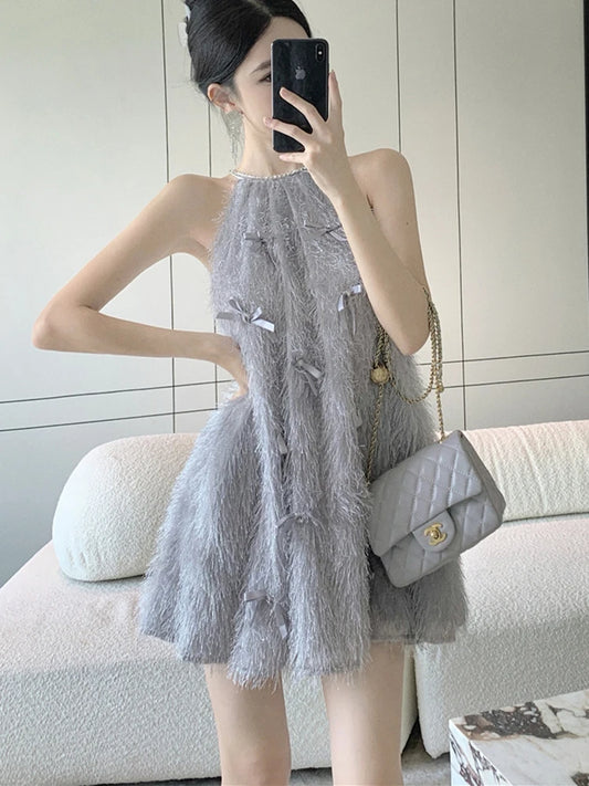 Elegant Women Halter Feather Bow Beaded Dress French Temperament Sleeveless Loose A-line Mini Dresses Fashion Party