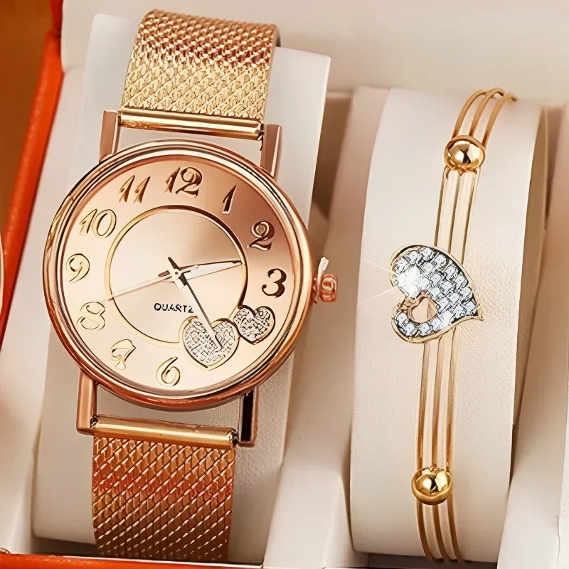 Elegant Rose Gold Heart Dial Watch Female Simple Temperament Student Waterproof Female High-level Female Luxury Watches Women