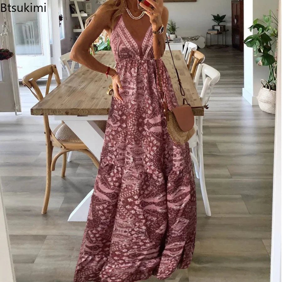 Robe longue style Boho pour femmes, tenue de soirée élégante, col en V, Vintage imprimé, sans manches, Sexy, Slim, Maxi, robe de plage, été, 2024