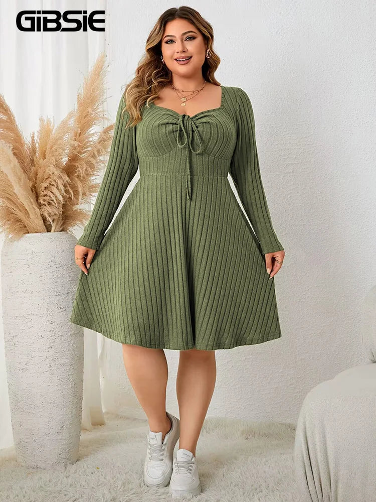 GIBSIE Plus Size Sweettheart Neck Knot Front A-Line Dress Women Fall New Vintage Long Sleeve Ribbed Knit Casual Winter Dresses