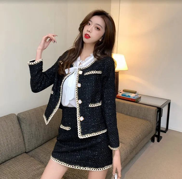 Women Elegant Vintage Tweed Fragrant Suit Jacke Coat Top And Skirt Two Piece Set Outfit 2023 New Winter Jacquard Party Clothing