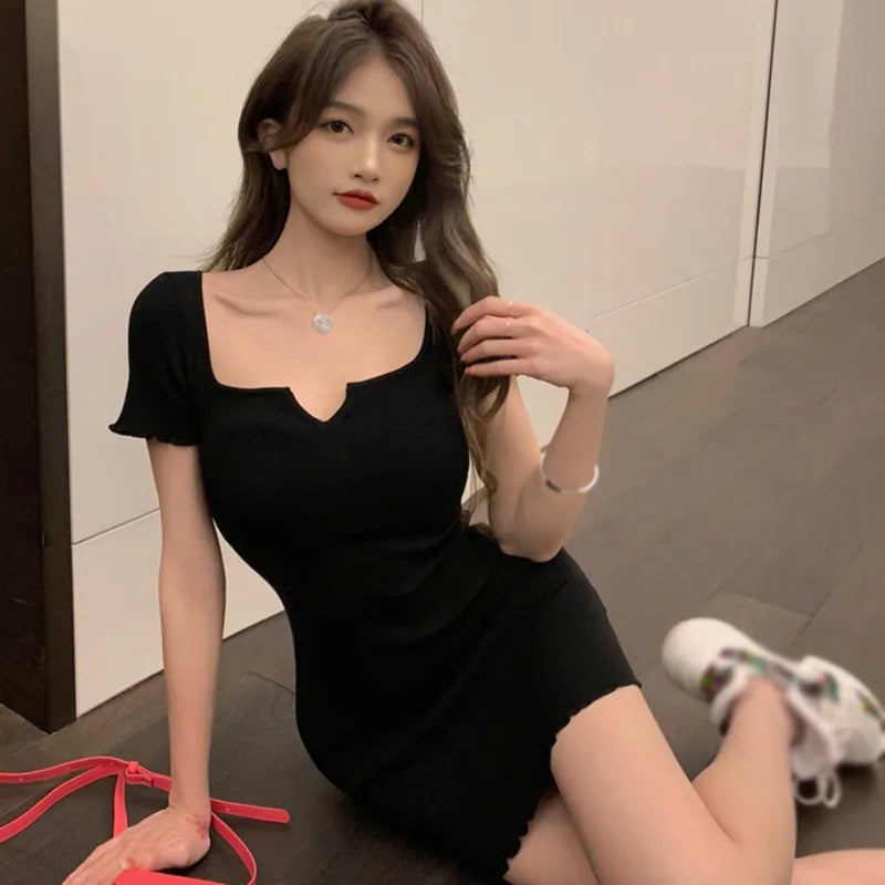 Women Summer  Mini Dress  Sexy Hot Girls T ShirtSlim Hip Slim Short Rose Red V-neck Hot Sexy Korean Women Tops