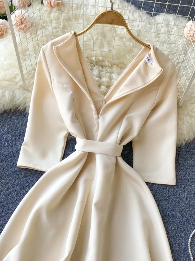 Robe de bureau élégante pour femmes, Vintage, Slim, ligne a, mi-longue, Sexy, col en v, broderie florale, robe de soirée, automne hiver