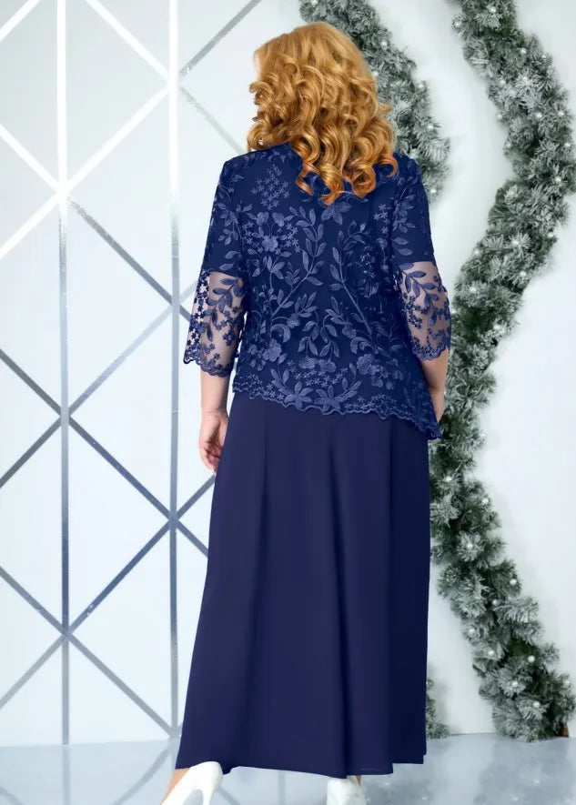 2023 Navy blue Night Party Elegant Dresses 5XL Summer 3/4 Sleeve O-Neck Lace Embroidery Patchwork Chiffon A-Line Midi Dress