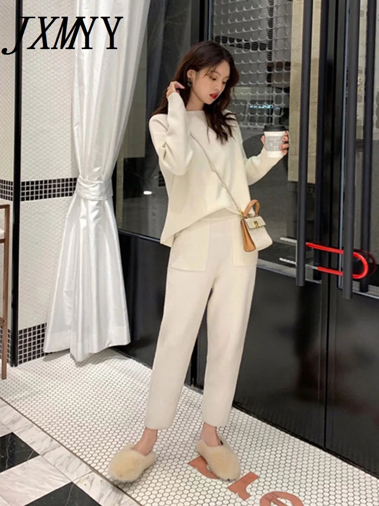 Women's suit Knitted 2 pieces Set Tracksuits Women Autumn Thick Warm O-neck Loose Sweater+Ankle-Length Pants Warm Cashmere Suit