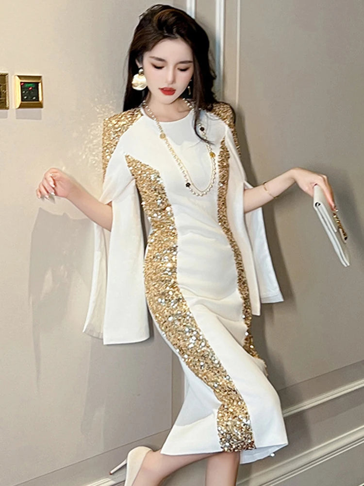 Exquisite Host Banquet Evening Dress Women 2023 Luxury Style Gold Sequins White Slim Robe Femme Party Prom Vestidos Catwalk Gown