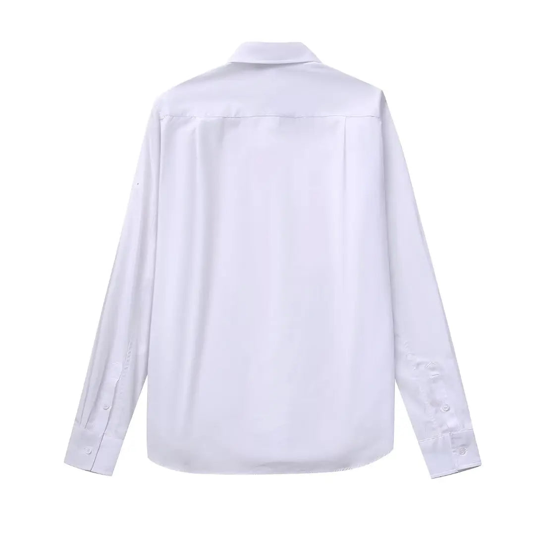 TRAF 2023 White Shirt Women Rhinestone Button up Shirts for Women Long Sleeve Shirts and Blouses Woman Asymmetric Blouse Female