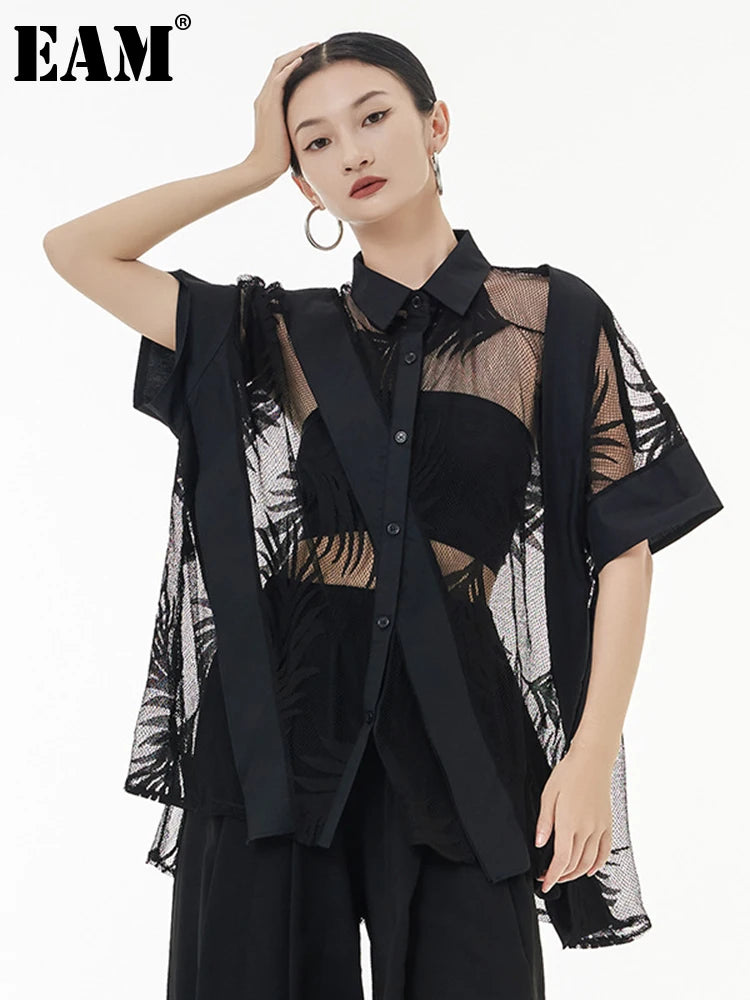 [EAM] blusa negra con perspectiva de encaje de talla grande con solapa nueva camisa holgada de media manga moda Primavera Verano 2024 1DF0053