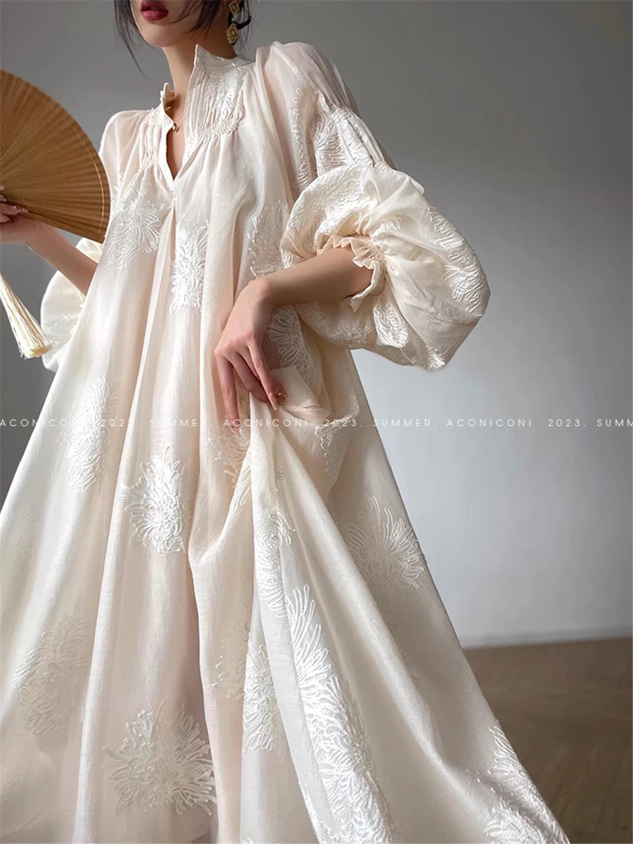 Embroidered Dress Women Autumn 2023 New Fashion Elegant Female Vestido French Vintage Clothes Evening Party Korean White Dresses